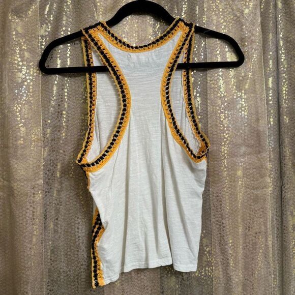 Free People Black Yellow Ivory Bora Bora Racerback Crochet Linen Blend Trim Tank - Picture 2 of 11